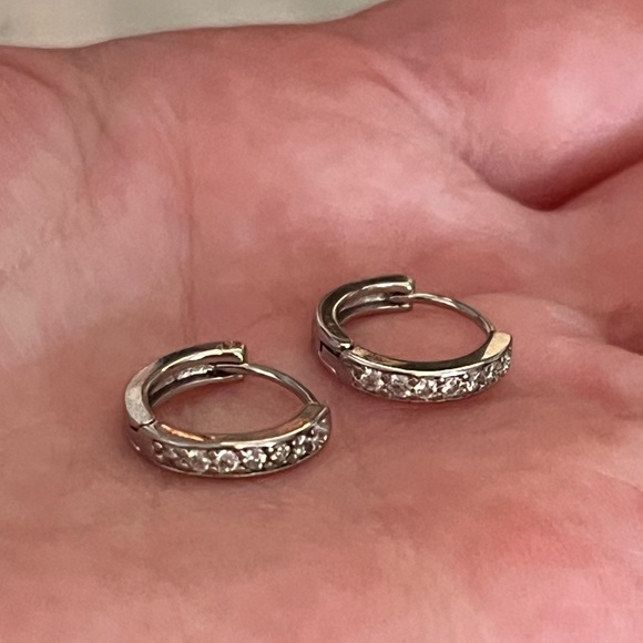 Silver Mini Diamond Huggie Hoop Earrings - Picture 5 of 6